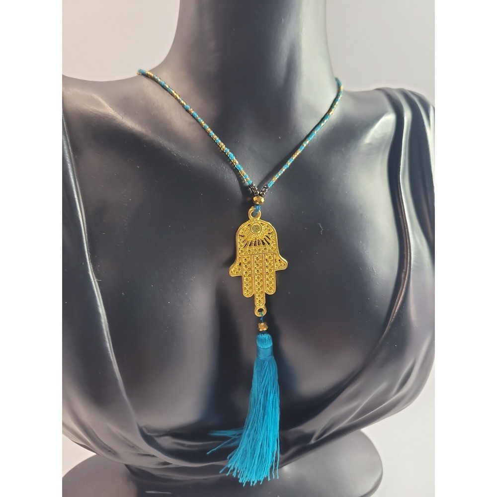 Gold Tone Hamsa Hand Blue Tassel Necklace Beaded Boho Evil Eye Protection - Picture 2 of 8